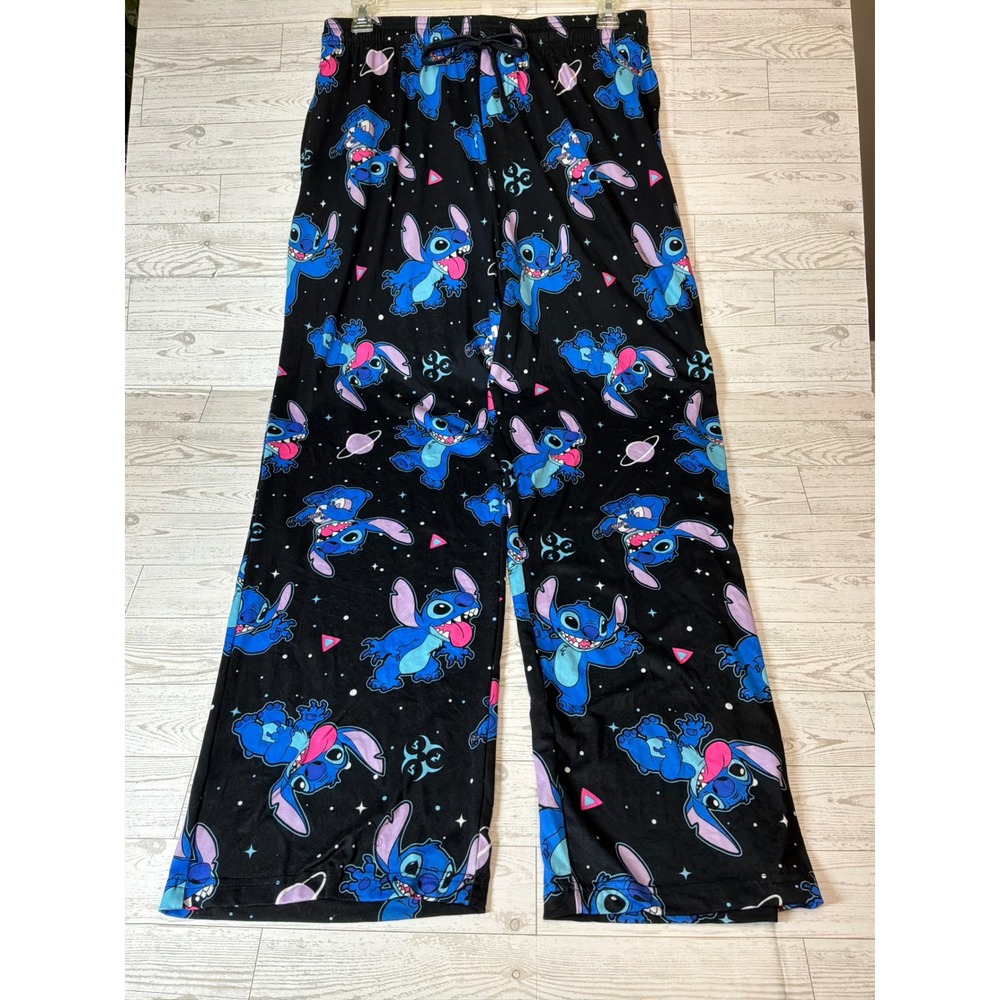 Disney Stitch Pajama Pants Womens Large Black Blue All Over Print Y2K Lounge